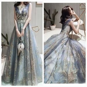 Blue, V Neck, Case Up, Ball Gown